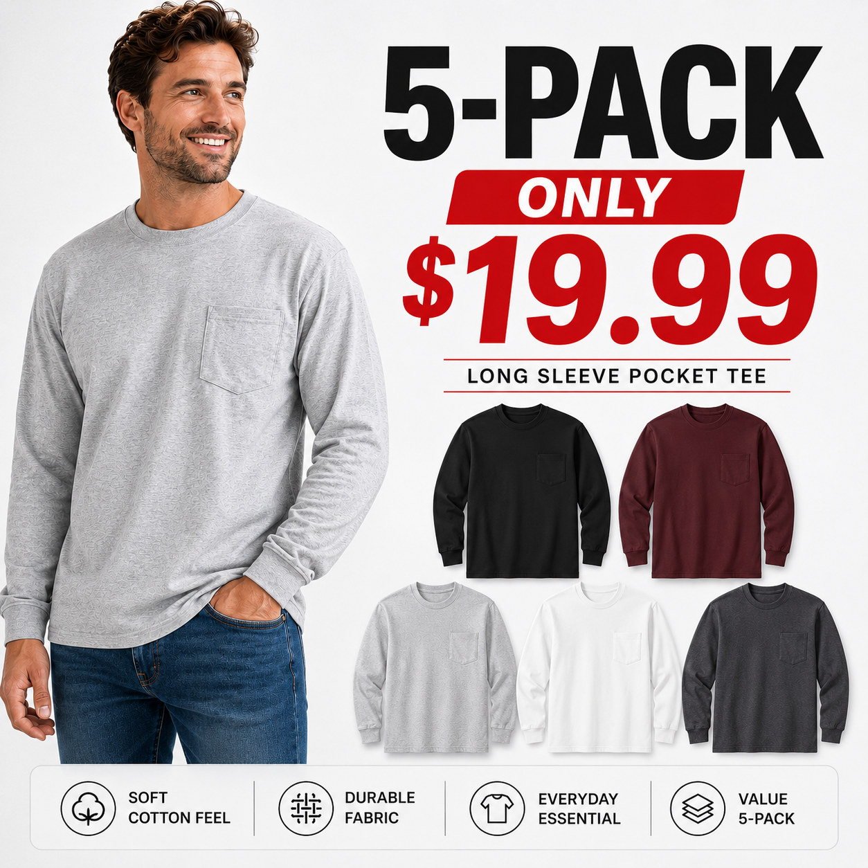 Men's Heavyweight Cotton Pocket T-Shirt – Relaxed Fit Everyday Casual Tee
