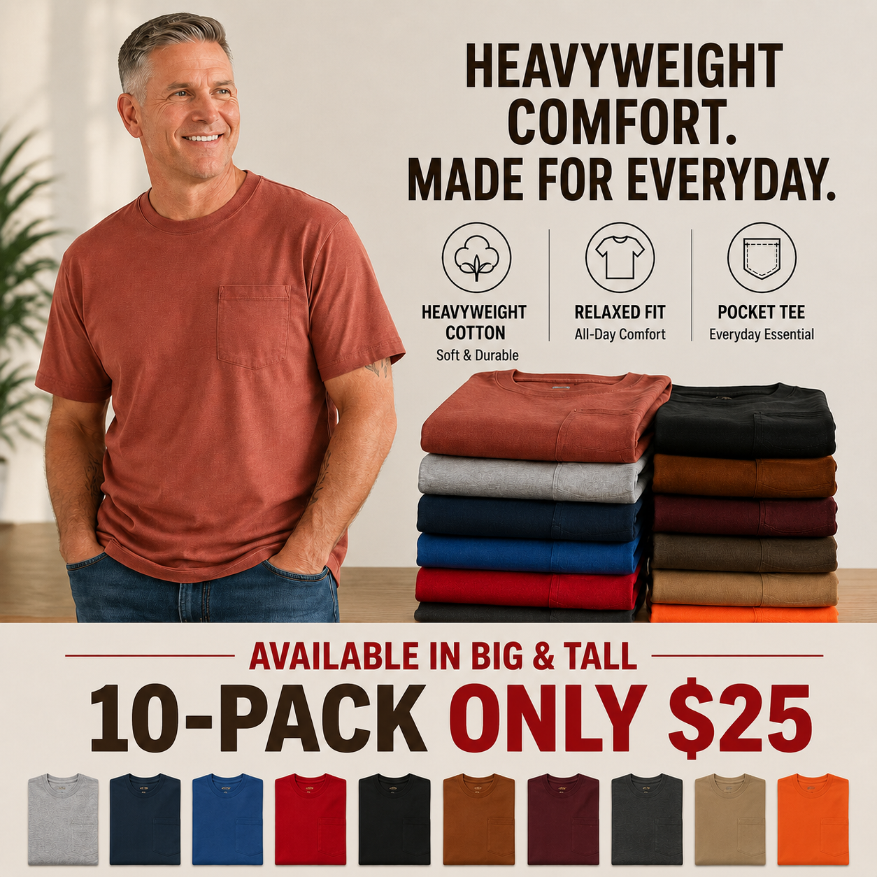 Men's Heavyweight Cotton Pocket T-Shirt – Relaxed Fit Everyday Casual Tee
