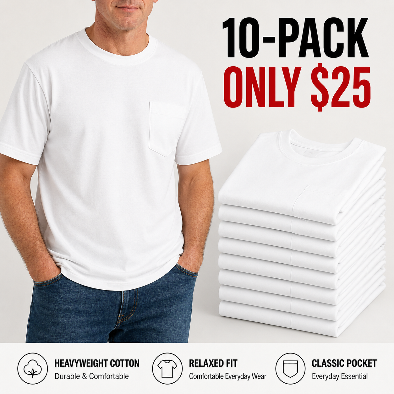 Men's Heavyweight Cotton Pocket T-Shirt – Relaxed Fit Everyday Casual Tee