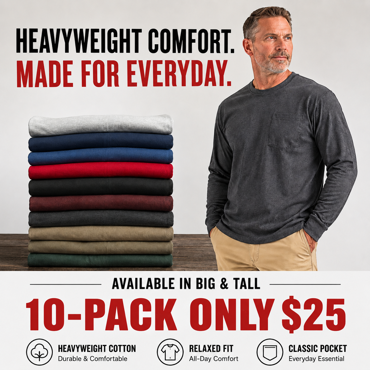 Men's Heavyweight Cotton Pocket T-Shirt – Relaxed Fit Everyday Casual Tee