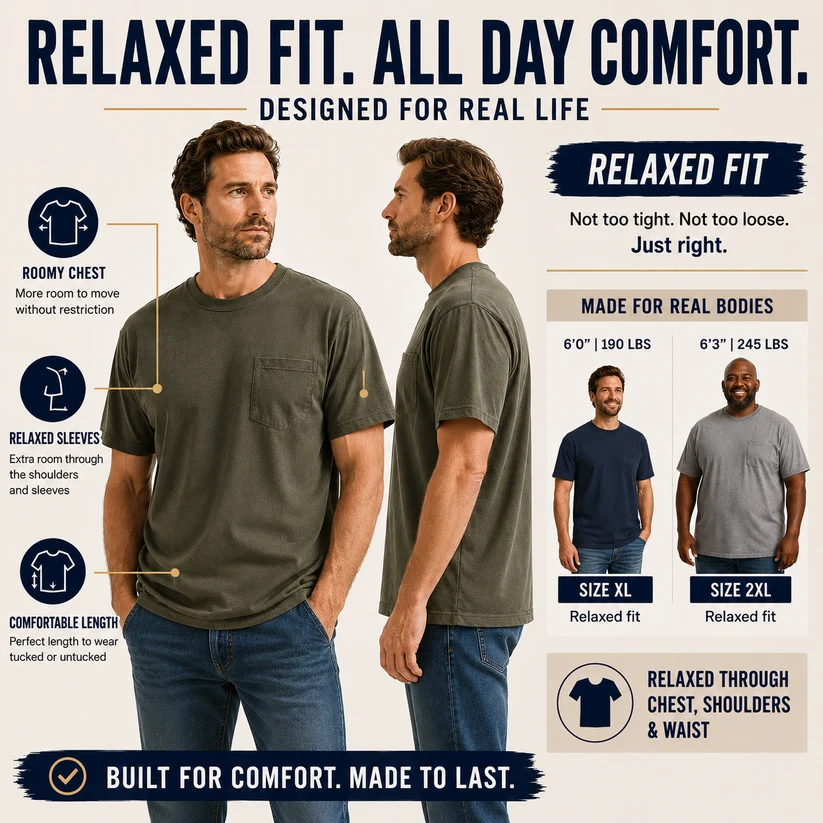 Men's Heavyweight Cotton Pocket T-Shirt – Relaxed Fit Everyday Casual Tee