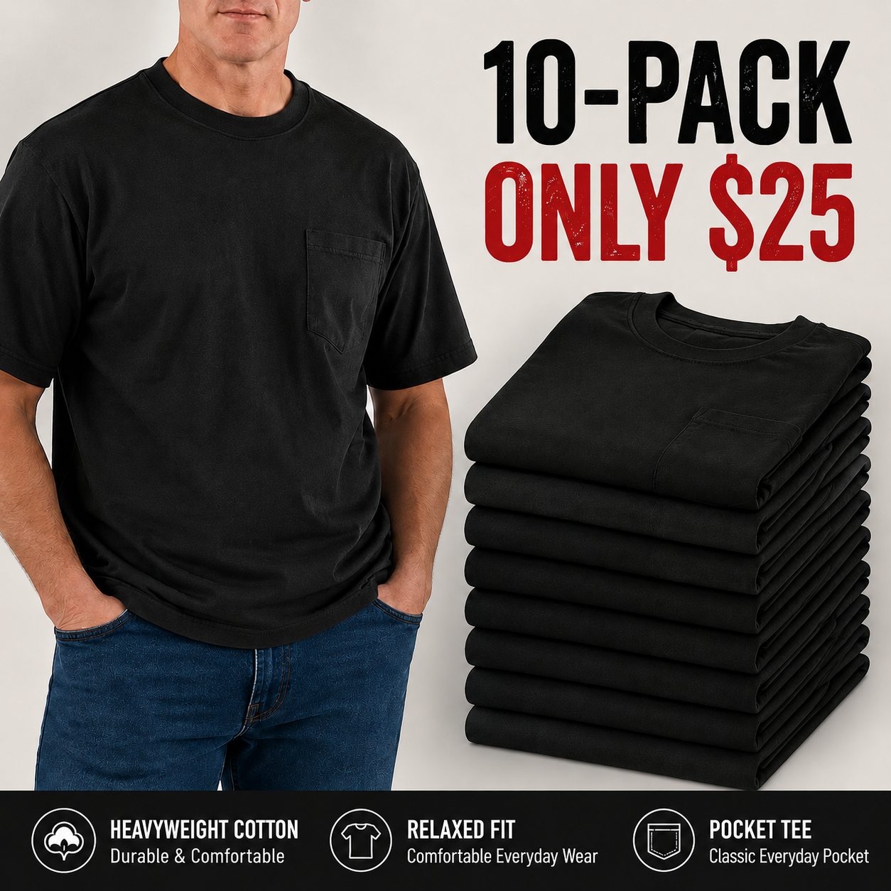 Men's Heavyweight Cotton Pocket T-Shirt – Relaxed Fit Everyday Casual Tee